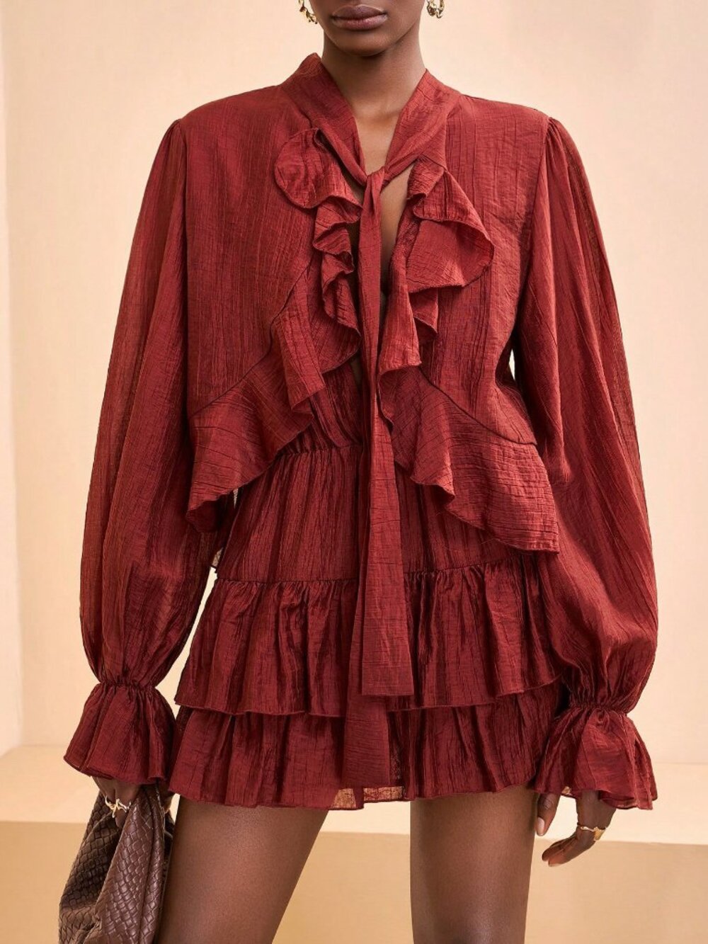Rust Brown Boho Women's Mini Dress with Sleeves and Ruffle Details - Picture 5 of 6